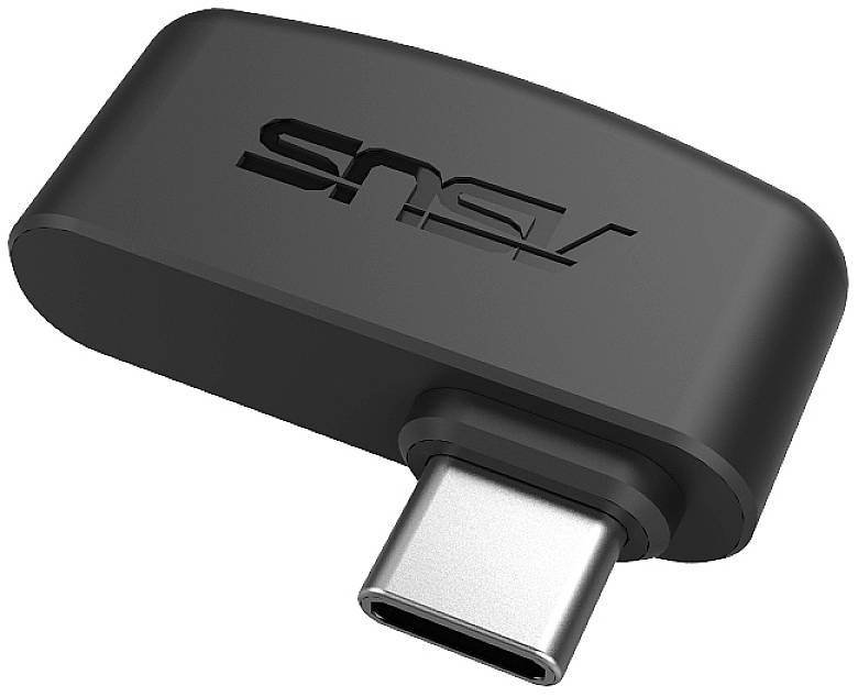 USB-C-Adapter in Schwarz mit eingeprägtem Markennamen auf der Oberseite, dient zum Verbinden von Geräten über USB-C-Schnittstelle.