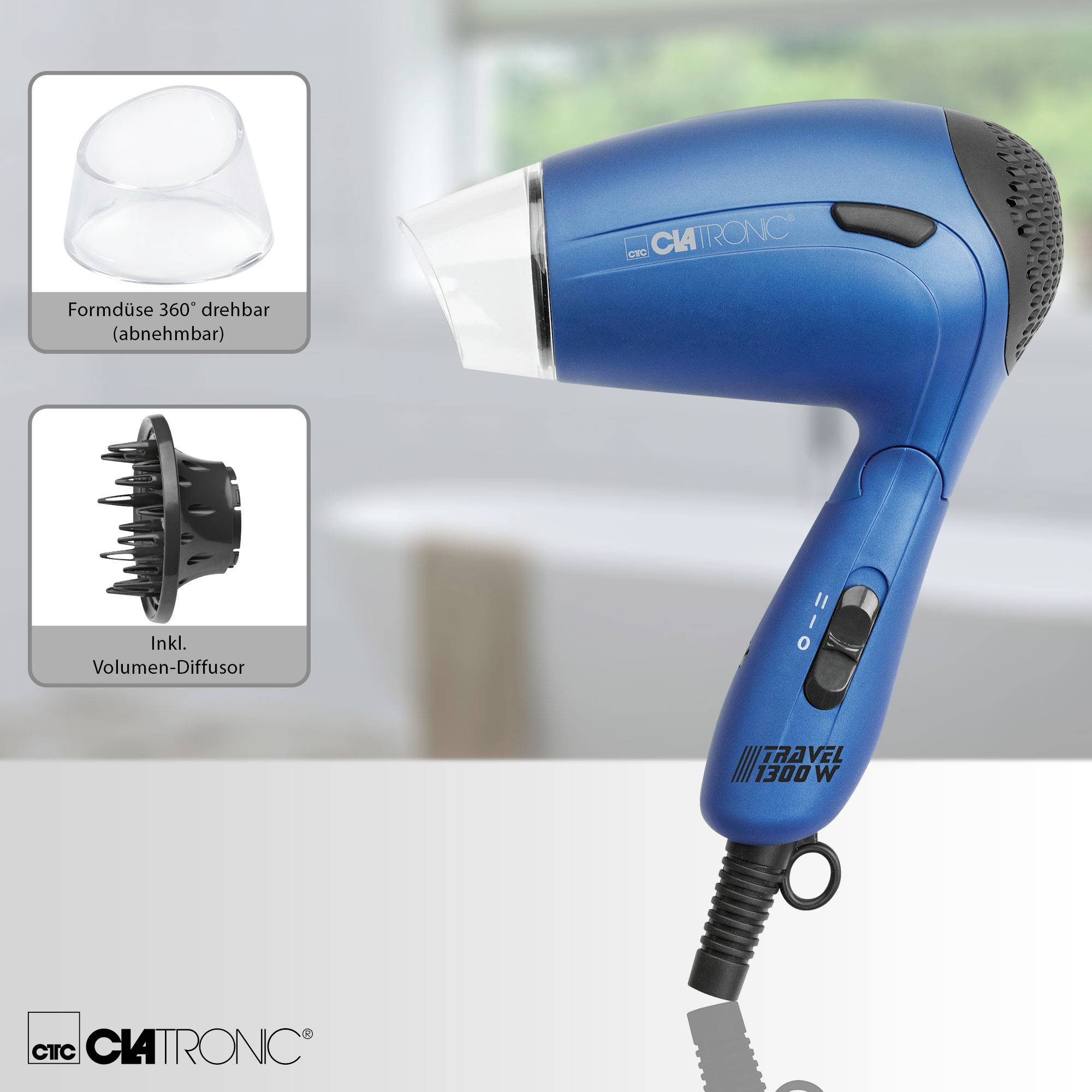 Ein blauer Haartrockner mit schwarzem Griff, 1200 W. Enthält abnehmbaren 360° drehbaren Formdüse und Volumen-Diffusor. Markenname sichtbar.