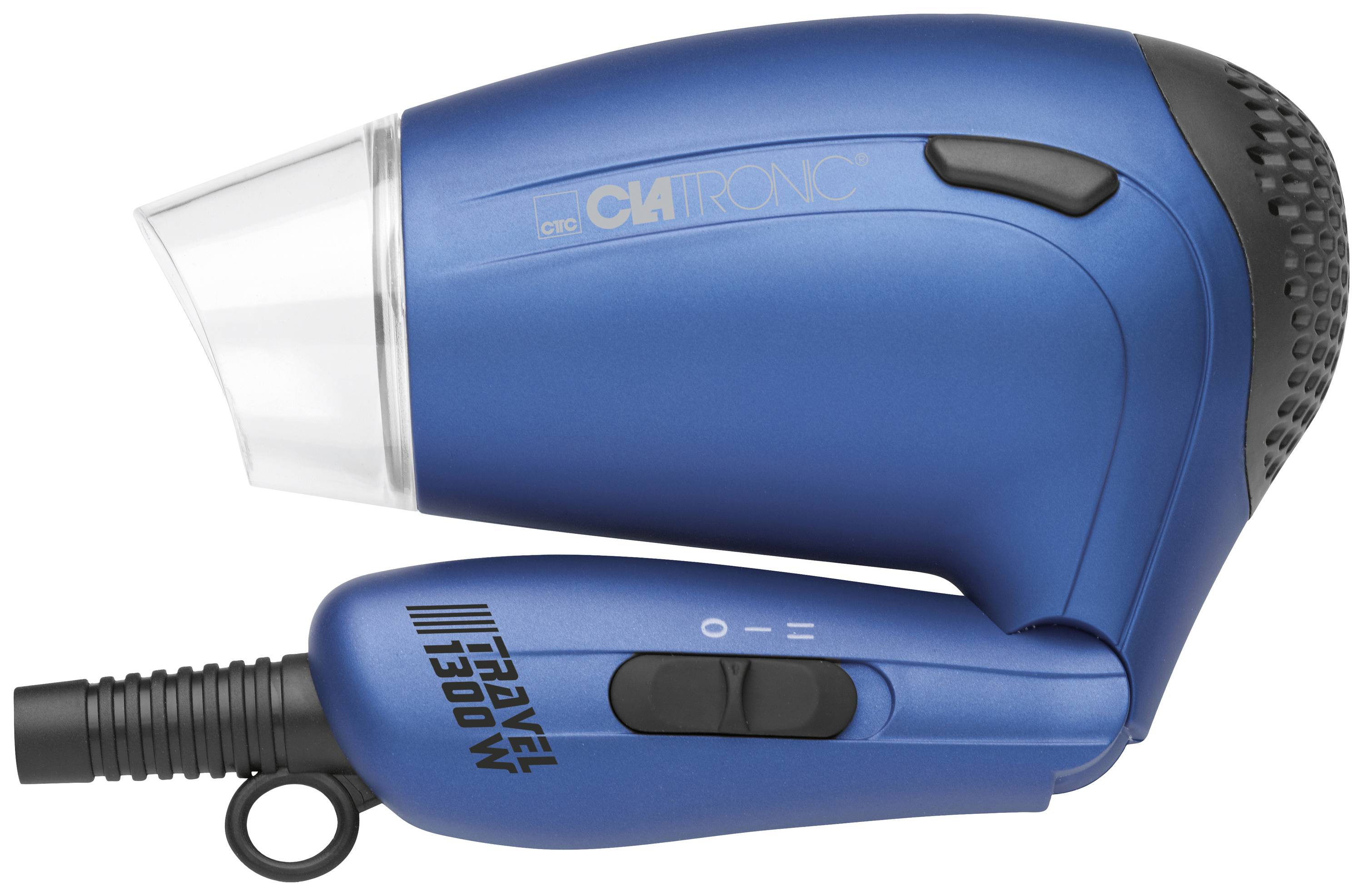 Blauer Reise-Haartrockner mit klappbarem Griff, 1300 Watt Leistung. Kompakt und ideal für unterwegs.