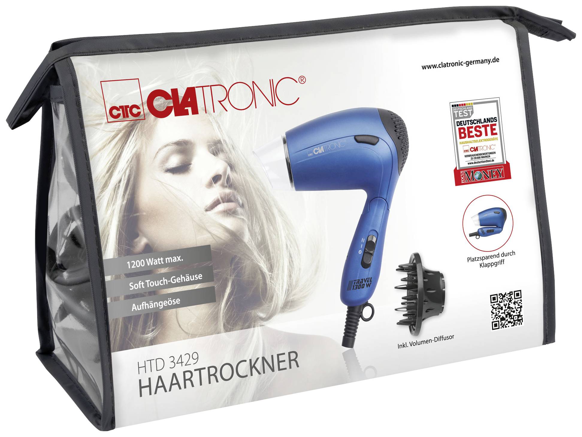 Verpackung eines blauen Haartrockners der Marke Clatronic, Modell HTD 3429, mit Zubehör und Hinweisen auf Testergebnisse und Features.