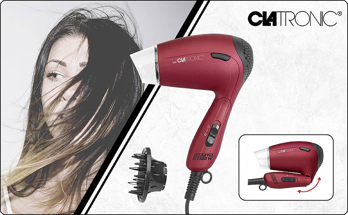 Frau mit windgewehten Haaren, daneben roter Haartrockner von Clatronic mit Aufsätzen.