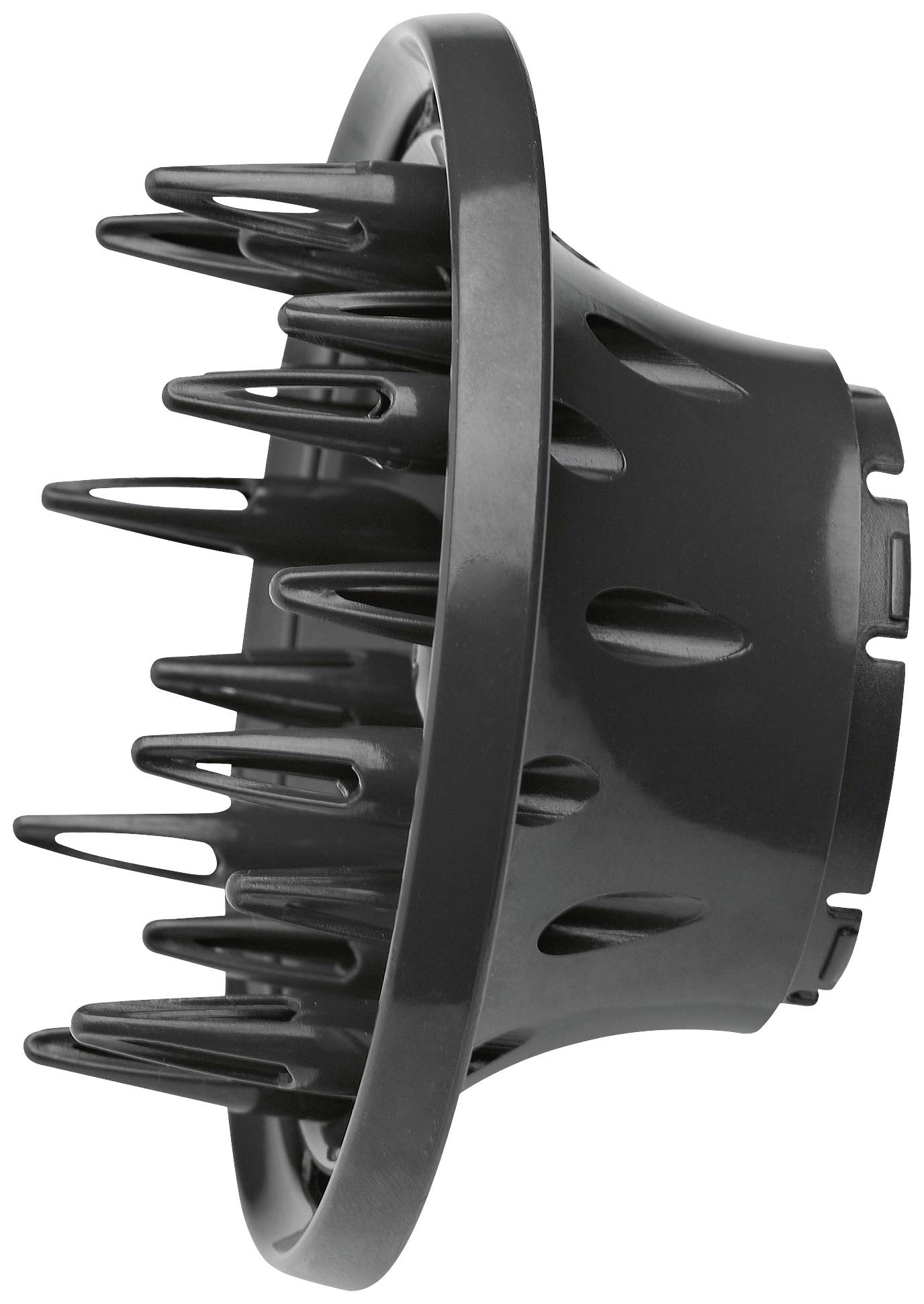 Ein schwarzer Diffusor-Aufsatz für einen Haartrockner, mit mehreren Kunststoffspitzen zur schonenden Trocknung und Definition von Locken.
