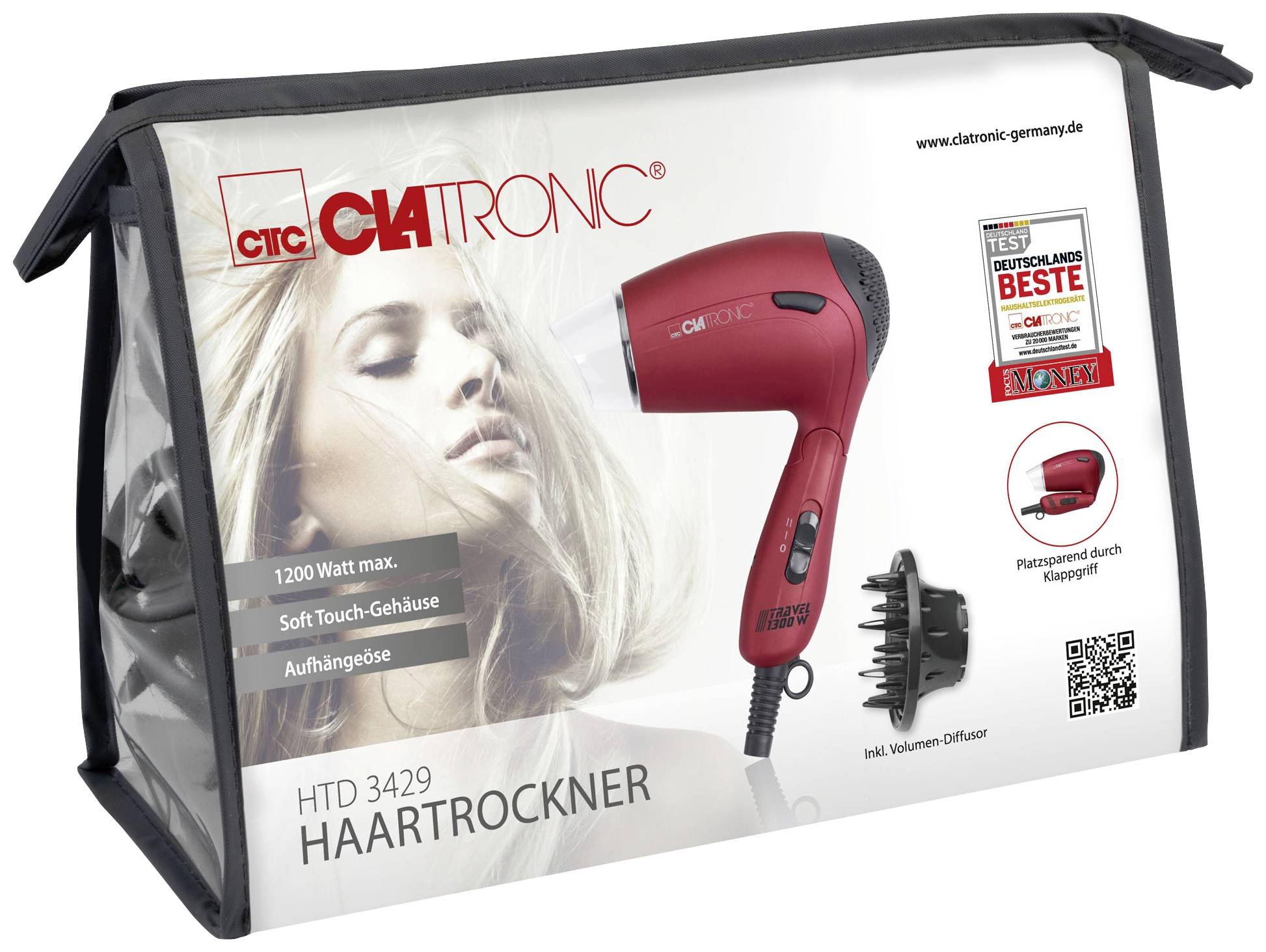 Haartrockner von Clatronic in roter Farbe, Modell HTD 3429, in einer transparenten Verpackung. Beinhaltet ein Volumen-Diffusor-Aufsatz.
