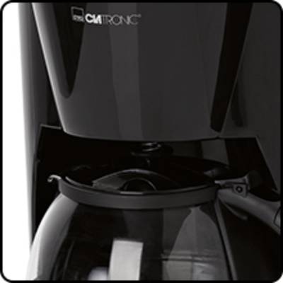 Eine schwarze Kaffeemaschine mit Glaskanne, Marke Clatronic, steht vor einem neutralen Hintergrund.