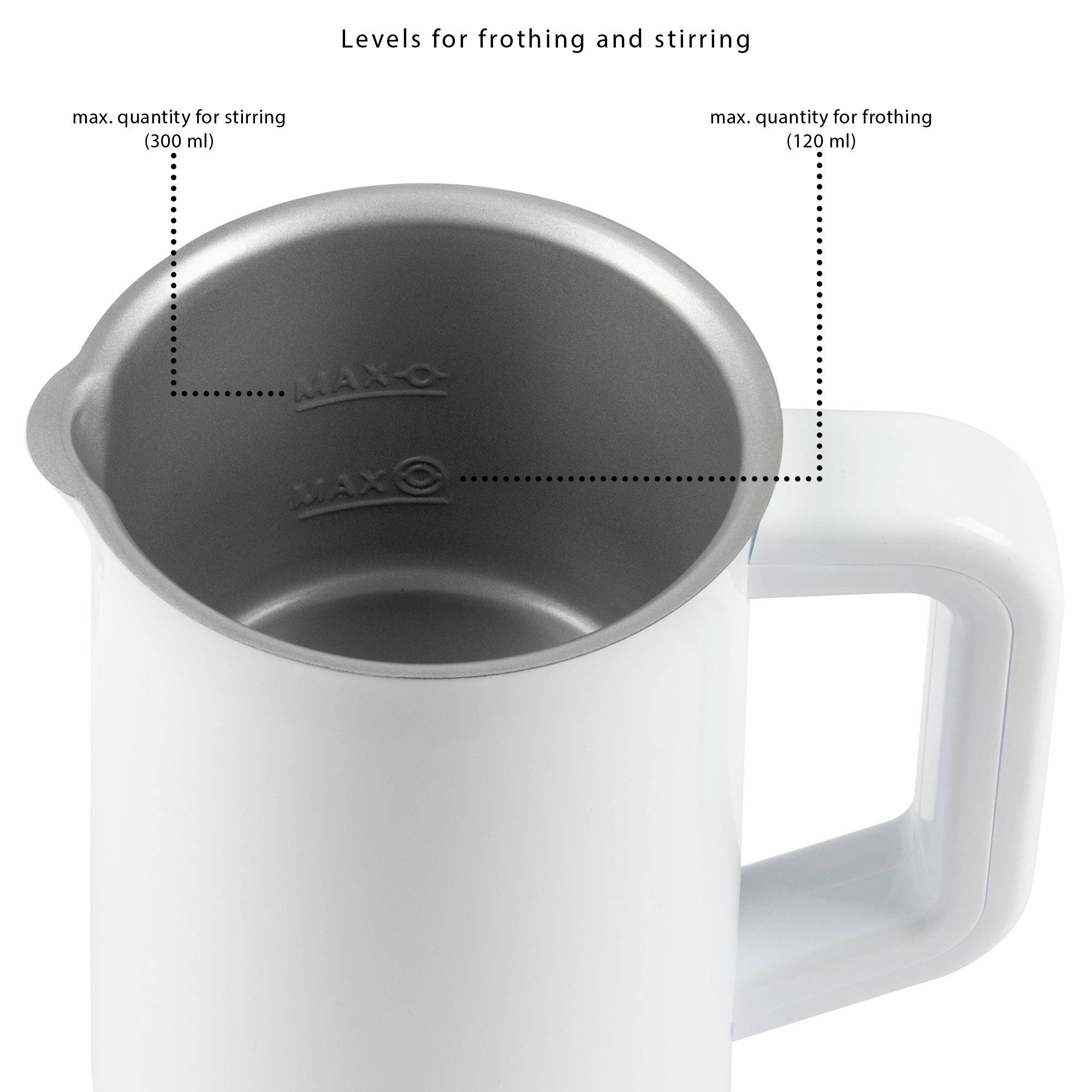 Ein weißer Milchaufschäumer zeigt zwei Markierungen: 'Max. quantity for stirring (300 ml)' und 'Max. quantity for frothing (120 ml)'.