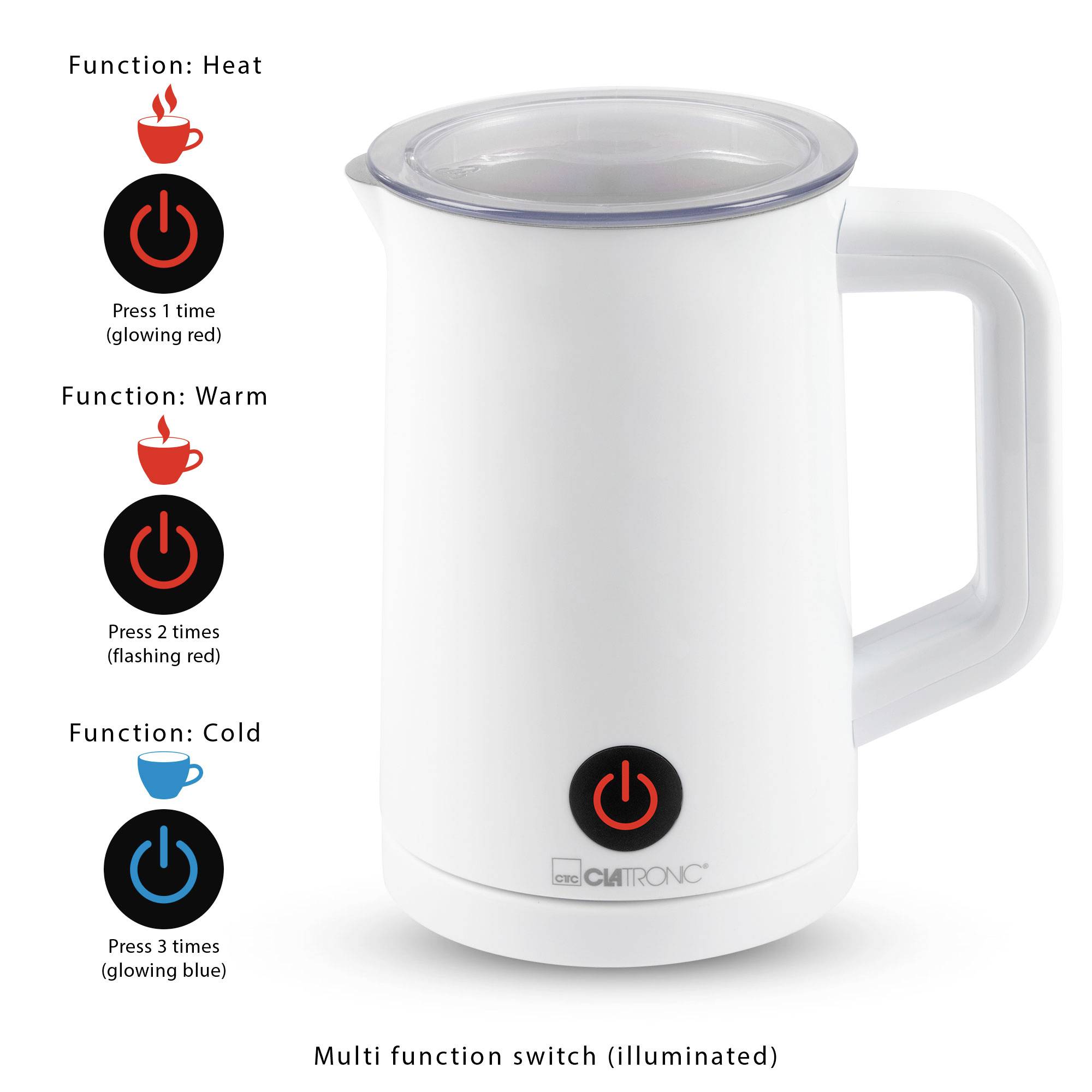 Ein weißer Wasserkocher mit einem multifunktionalen, beleuchteten Schalter. Funktionen: Wärme (rot), Warmhalten (rot blinkend), Kalt (blau).