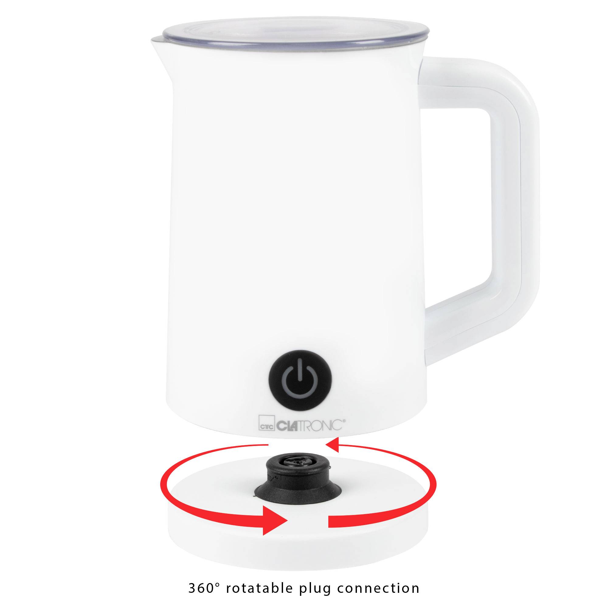 'Weißer Milchaufschäumer mit 360° drehbarem Stecksystem, Knopf an der Vorderseite, Griff rechts. Ideal zum Aufschäumen und Erhitzen von Milch.'