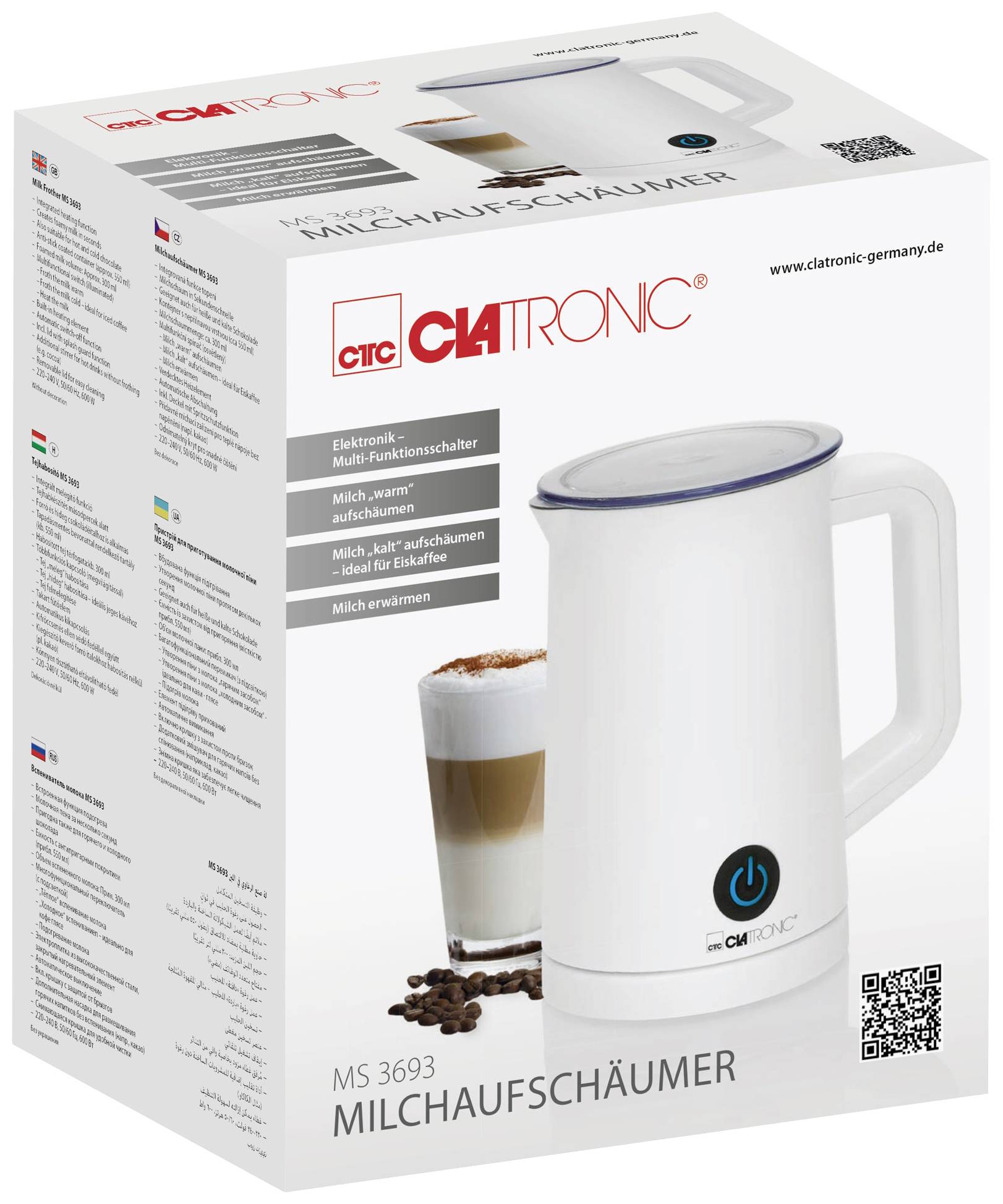 Verpackung eines elektrischen Milchaufschäumers mit Bild des Geräts und eines Latte Macchiato. Produktdetails und Markenlogo sind abgebildet.