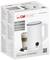 Verpackung eines elektrischen Milchaufschäumers mit Bild des Geräts und eines Latte Macchiato. Produktdetails und Markenlogo sind abgebildet.