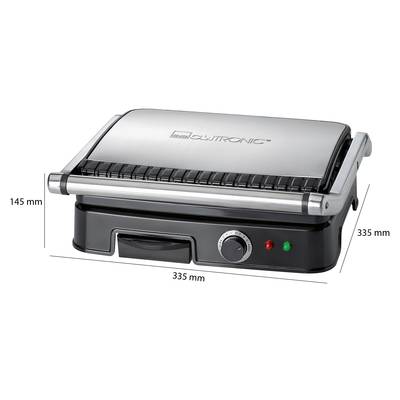Elektrischer Kontaktgrill mit Edelstahlgehäuse, Temperaturregler und Kontrollleuchten, Maße: 145 mm x 335 mm.
