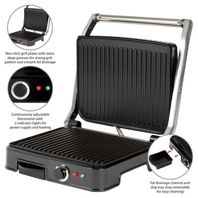 Ein elektrischer Kontaktgrill mit antihaftbeschichteten Grillplatten, einstellbarem Thermostat und Fettauffangschale zur einfachen Reinigung.