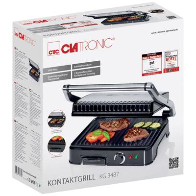 Verpackung eines Clatronic Kontaktgrills KG 3487 zeigt Gerät mit gegrilltem Fleisch und Gemüse, Leistungsdetails und Auszeichnungen.