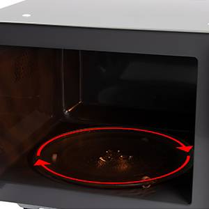 Eine geöffnete Mikrowelle zeigt Drehplatte im Inneren mit Pfeilen, die die Drehrichtung anzeigen.