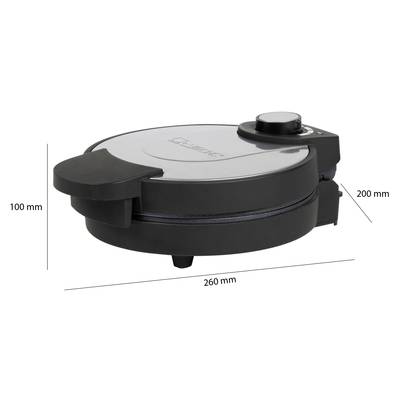 Schwarzer Elektrogrill mit silbernem Deckel, Durchmesser 260 mm, Höhe 100 mm, Länge 200 mm. Geeignet für drinnen und draußen.
