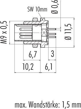 Schnittzeichnung eines Steckers mit Maßangaben: Länge 10,2 mm, Durchmesser 11,5 mm, Gewinde M9 x 0,5. Maximale Wandstärke 1,5 mm.