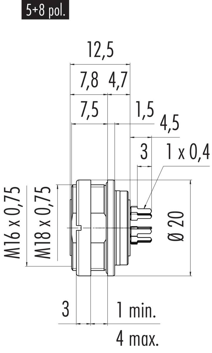 Technische Zeichnung eines runden Steckverbinders mit Maßen. Durchmesser: Ø20, Länge: 12,5 mm, Anschluss: M18 x 0,75, M16 x 0,75.