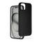 Schwarzes Smartphone-Case mit weicher Oberfläche, das über einem Smartphone schwebt und es schützt. Hintergrund zeigt stilisierte Kreise.