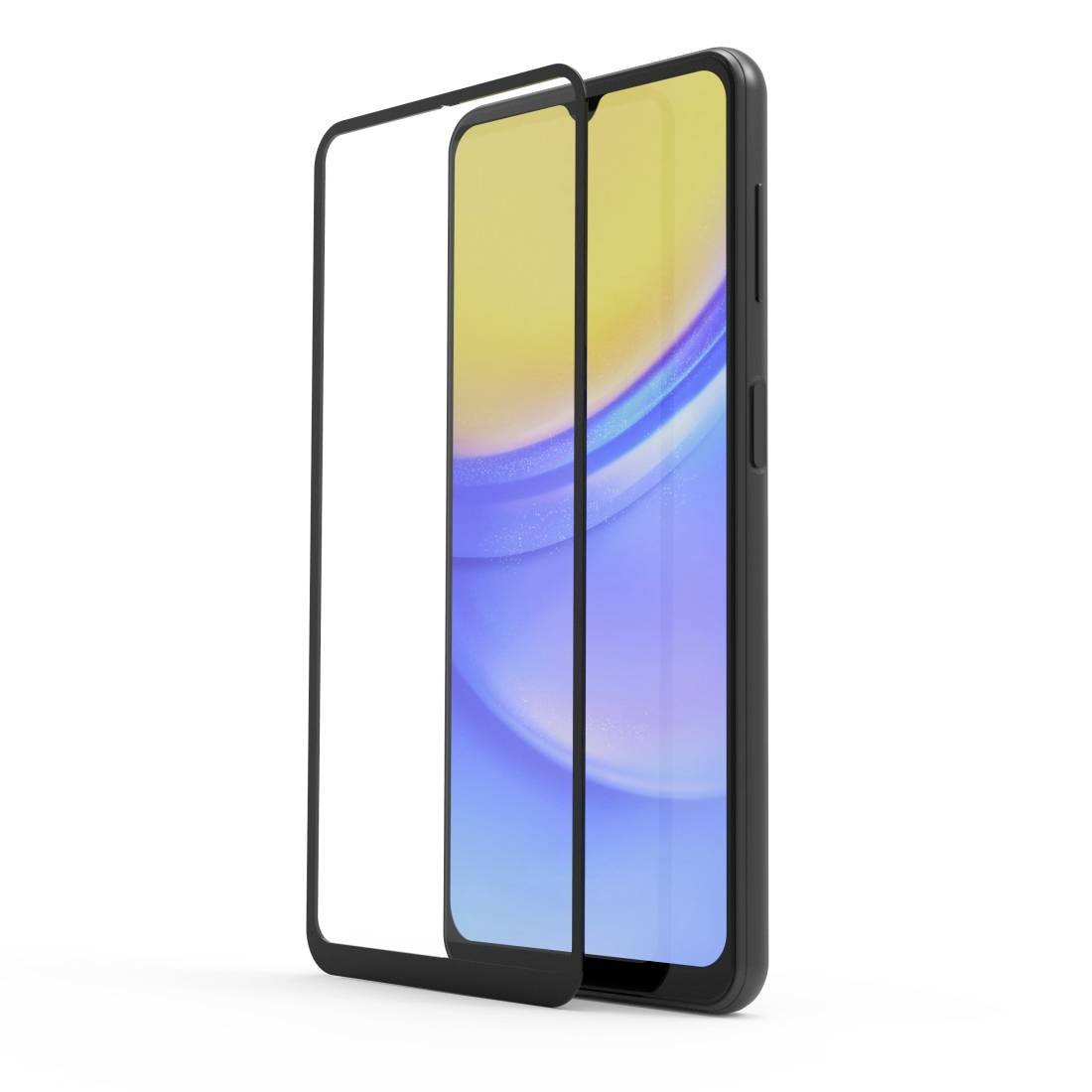 Smartphone mit abgerundeten Kanten und lebendigem Display, daneben ein transparenter Displayschutz.