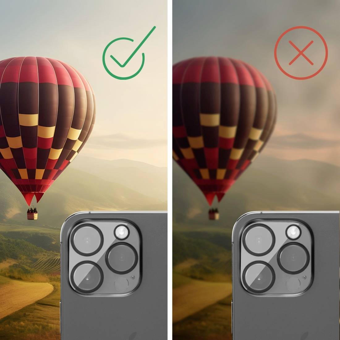 'Ein Heißluftballon bei Sonnenuntergang, eingerahmt von zwei Handy-Kameras. Links ein Haken, rechts ein Kreuz zur Darstellung von Kameraqualität.'