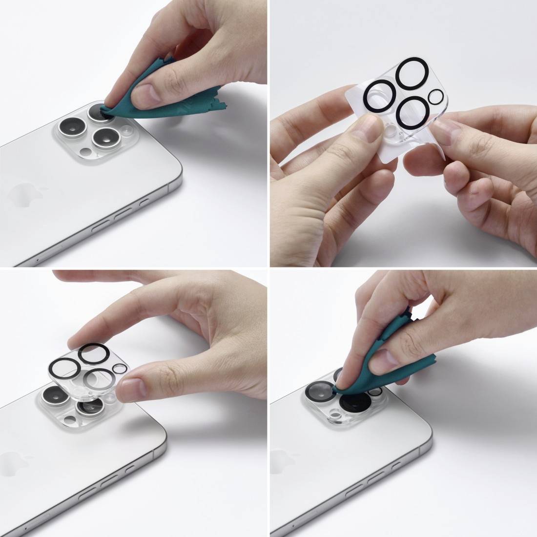 Vier Bilder zeigen, wie eine transparente Kameralinse mit schwarzen Rändern auf einem Smartphone angebracht wird. Hände halten Zubehör.