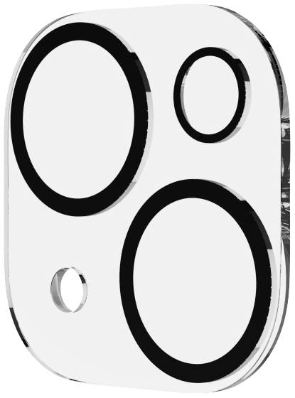 Kameraobjektiv eines Smartphones mit mehreren Linsen unterschiedlicher Größe auf einer glatten, transparenten Oberfläche.