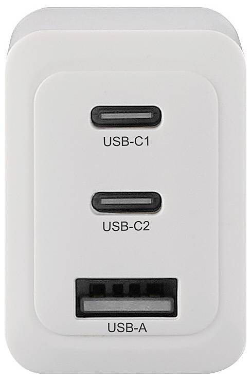 Ein Ladegerät mit zwei USB-C-Anschlüssen, beschriftet als 'USB-C1' und 'USB-C2', sowie einem USB-A-Anschluss, beschriftet als 'USB-A'.