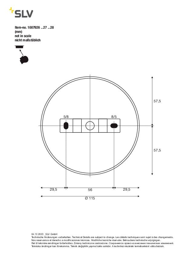 Technische Zeichnung einer runden Deckenleuchte mit Maßen und Aufbauhinweisen. Durchmesser 115 mm, Bohrung und Montagepunkte angegeben.