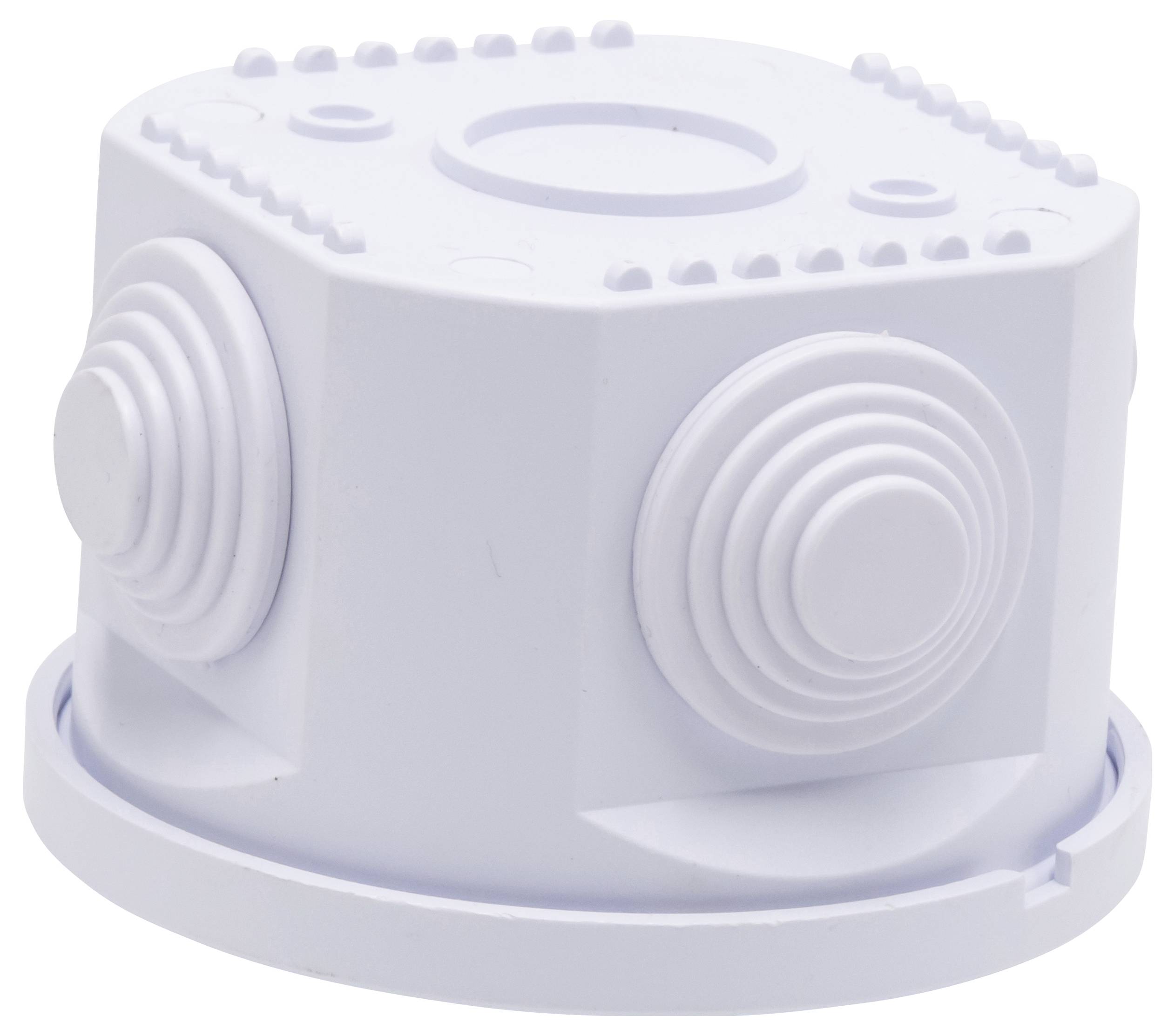 Weiße, sechseckige Plastikbox mit geriffelten Knöpfen an drei Seiten. Oben befinden sich kleine, symmetrische Buckel.