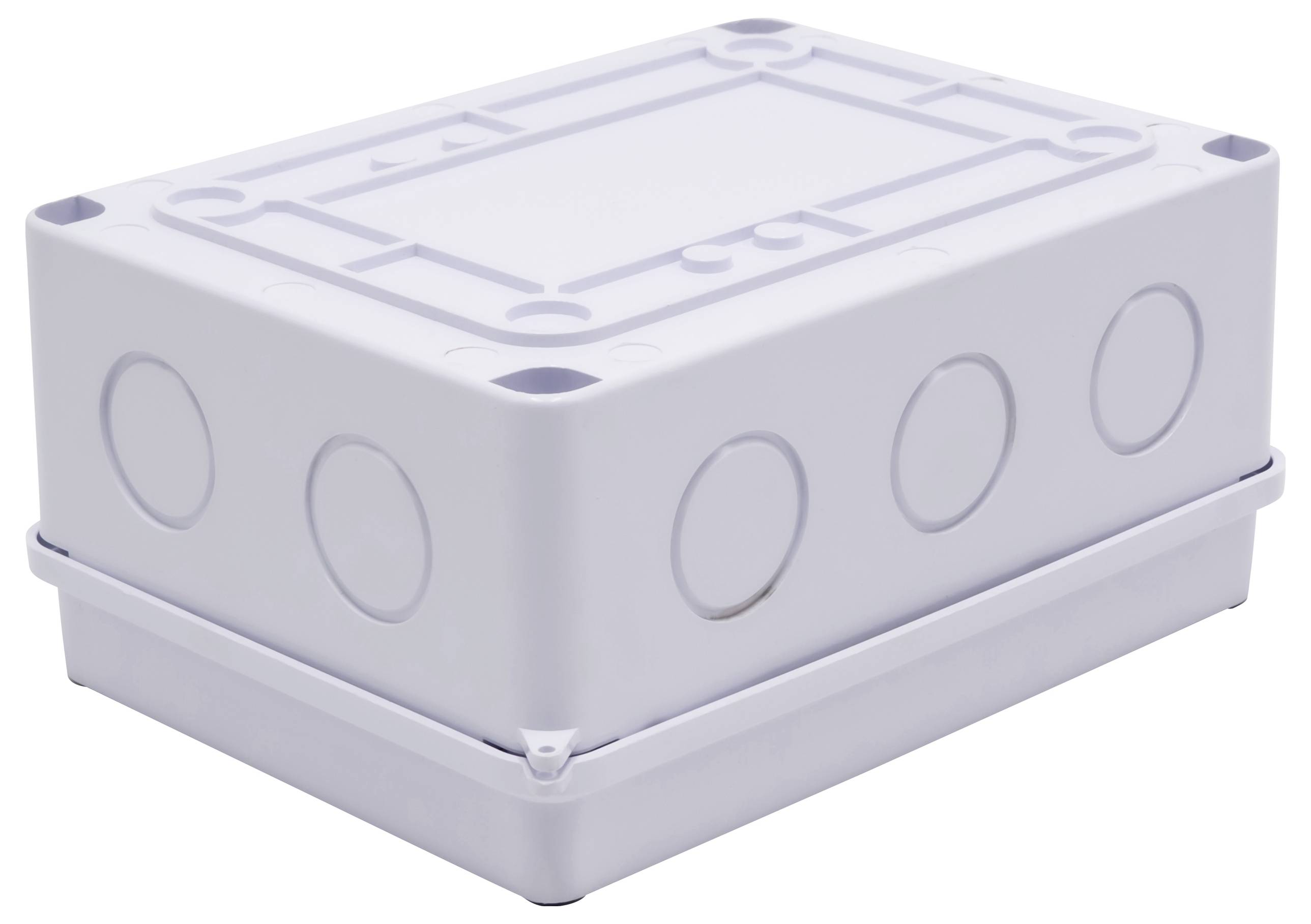 Ein rechteckiges, graues Kunststoffgehäuse, häufig für Elektroinstallationen verwendet, mit runden Aussparungen an der Seite.