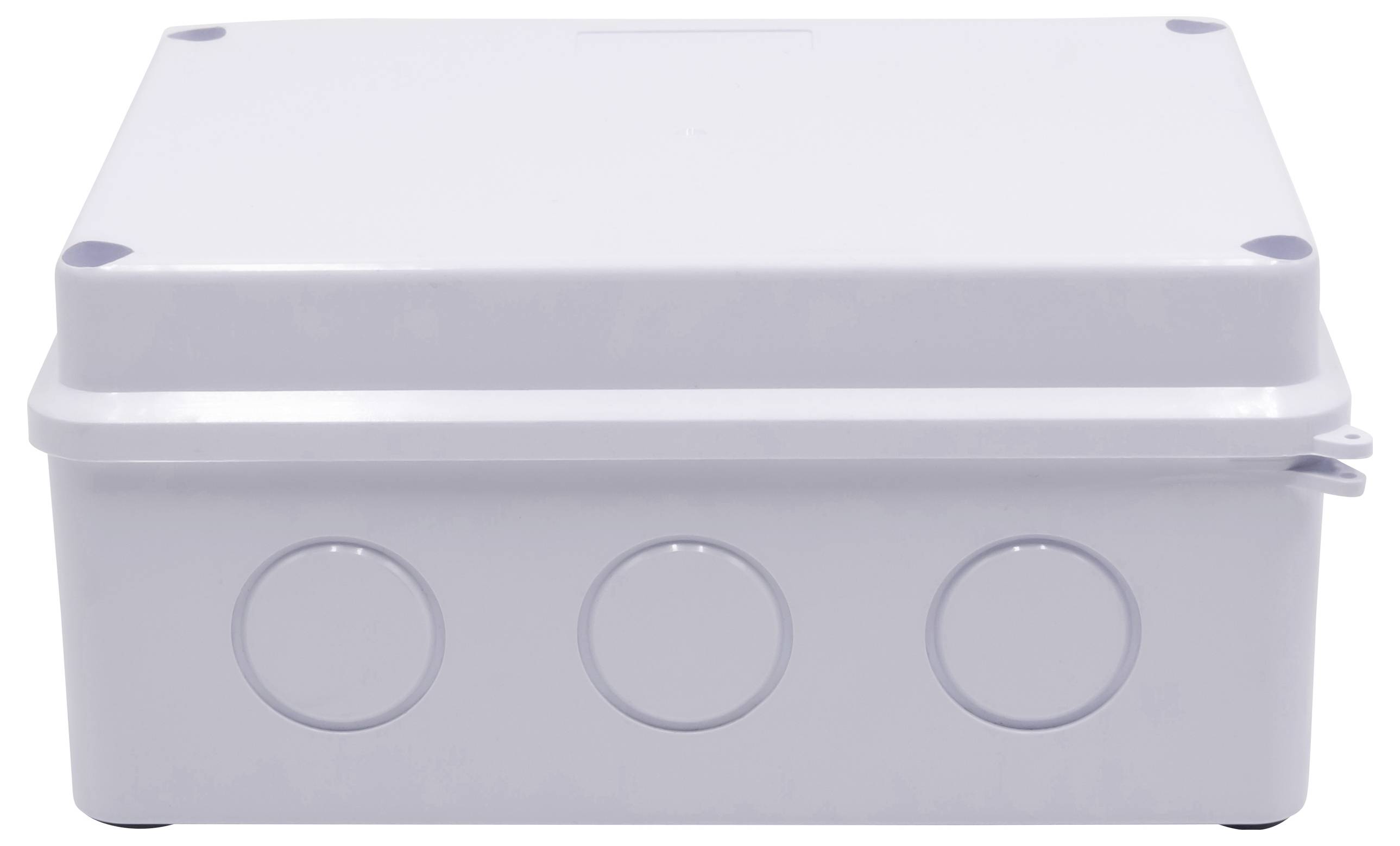 Ein rechteckiger grauer Kasten mit abgerundeten Ecken und drei runden Erhebungen auf einer Seite.