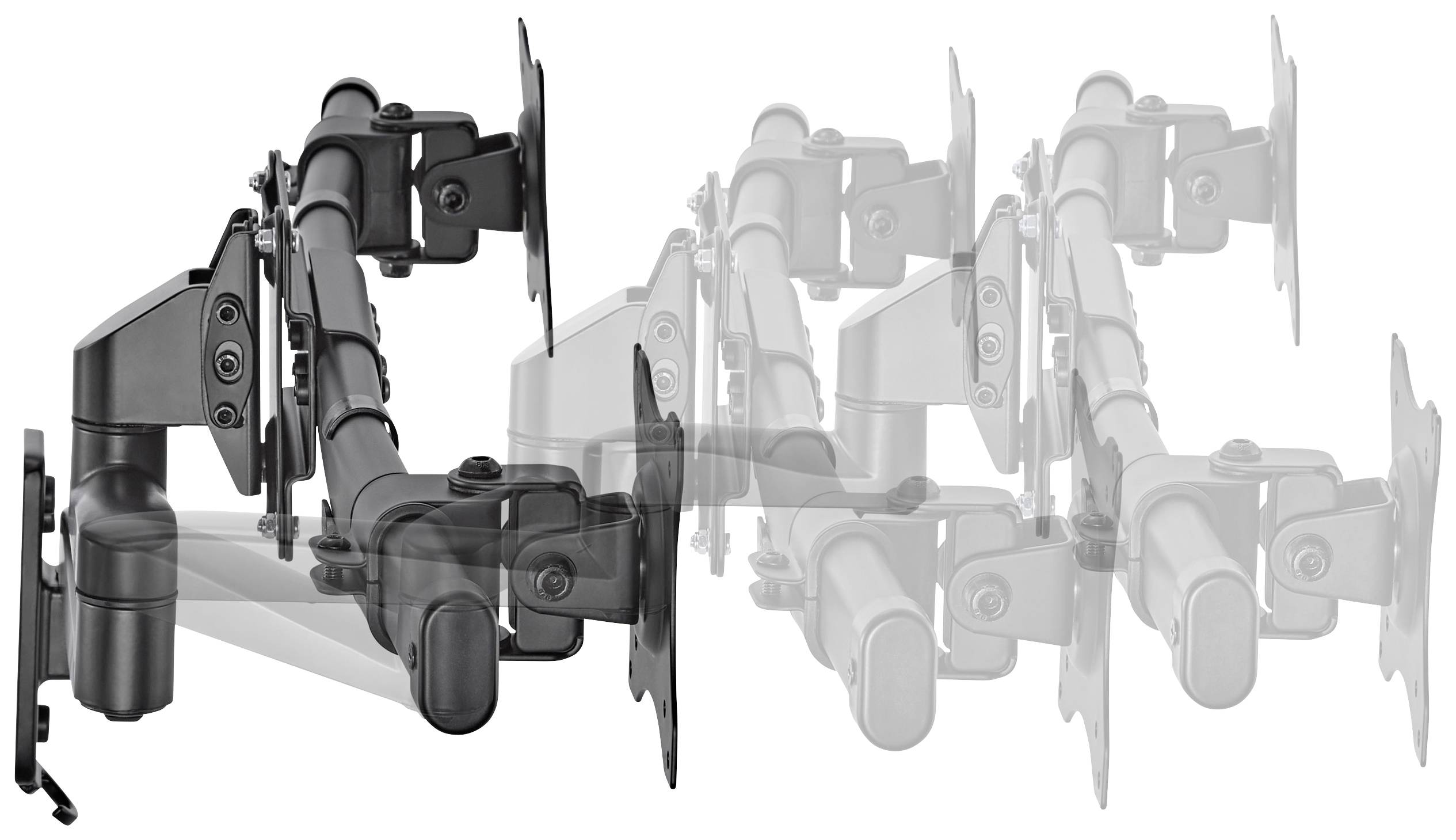 Anpassbarer Mehrfach-Monitorarm, dargestellt in verschiedenen Neigungs- und Rotationswinkeln für flexible Bildschirmpositionen.