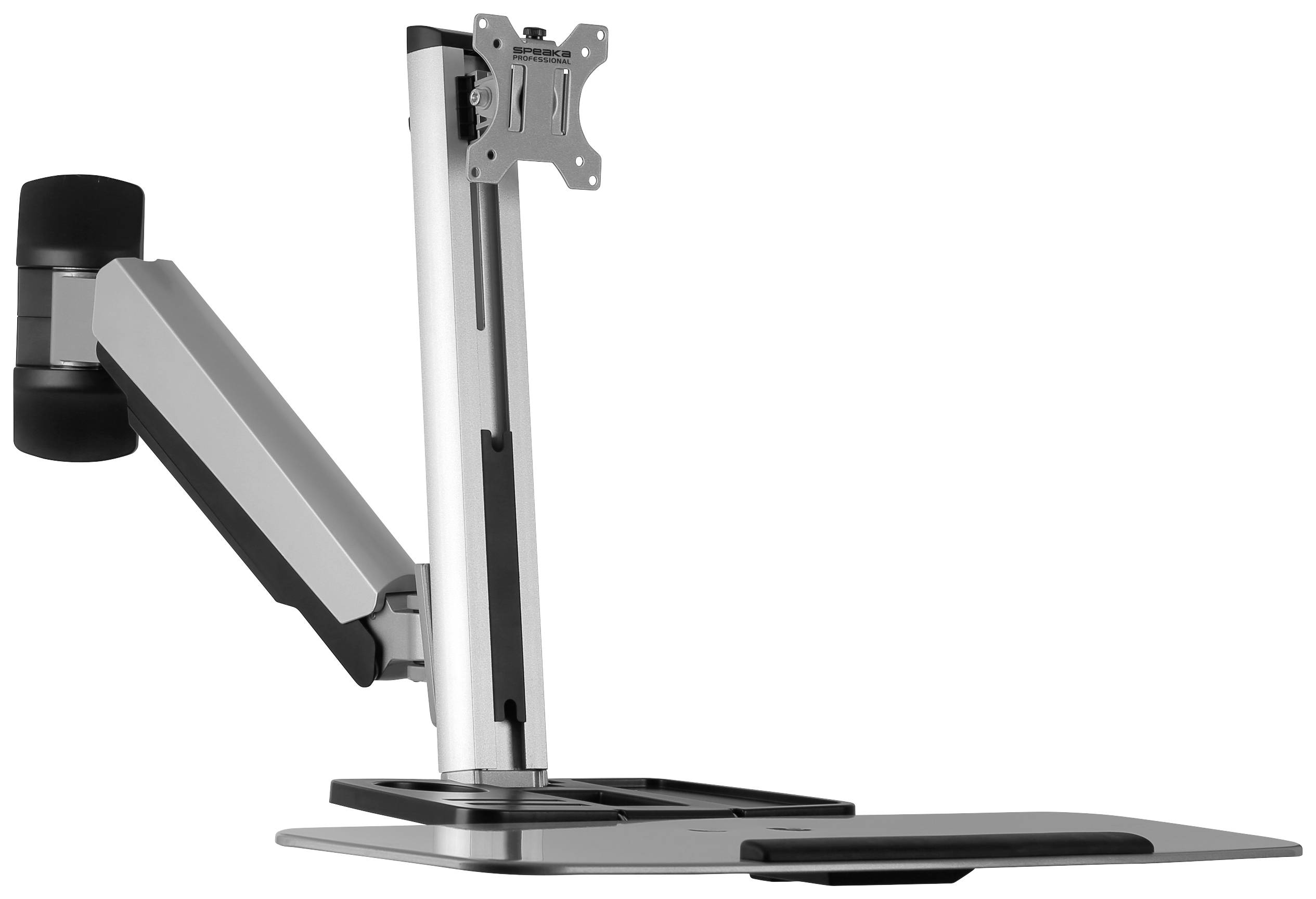 Ein höhenverstellbarer Monitorarm mit Standfuß und Halterung für ergonomische Arbeitsplatzgestaltung.