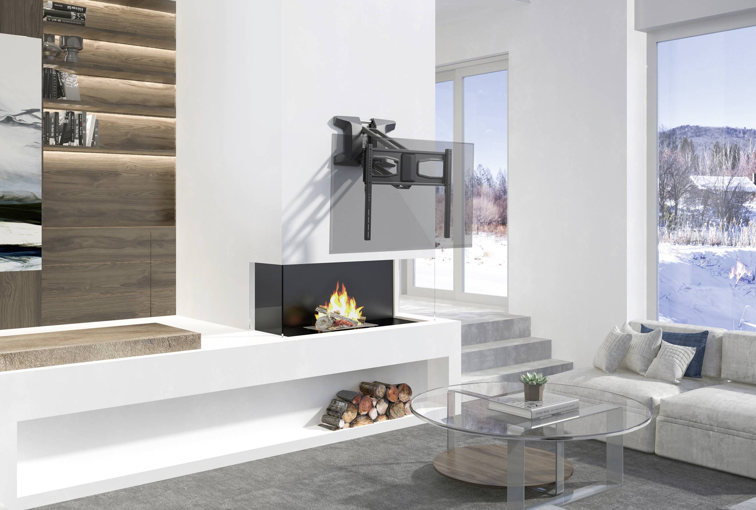 'Wohnzimmer mit modernem Kamin, der sichtbar brennt. Große Fenster mit schneebedeckter Landschaft. Sofa und Glastisch im Vordergrund.'