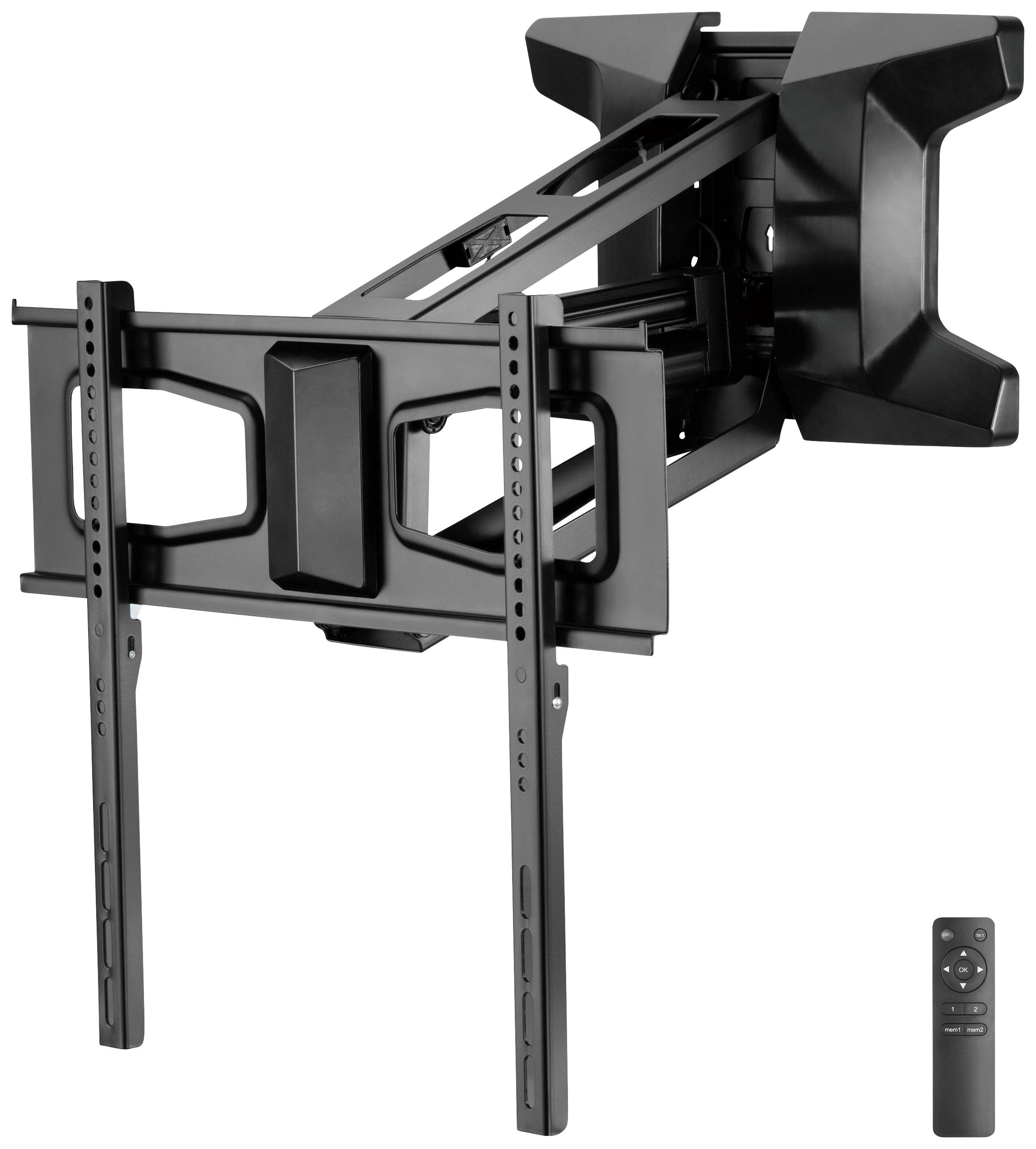 Eine schwarze TV-Wandhalterung mit ausziehbarem Arm in vielfältigen Positionen montierbar, daneben eine Fernbedienung.
