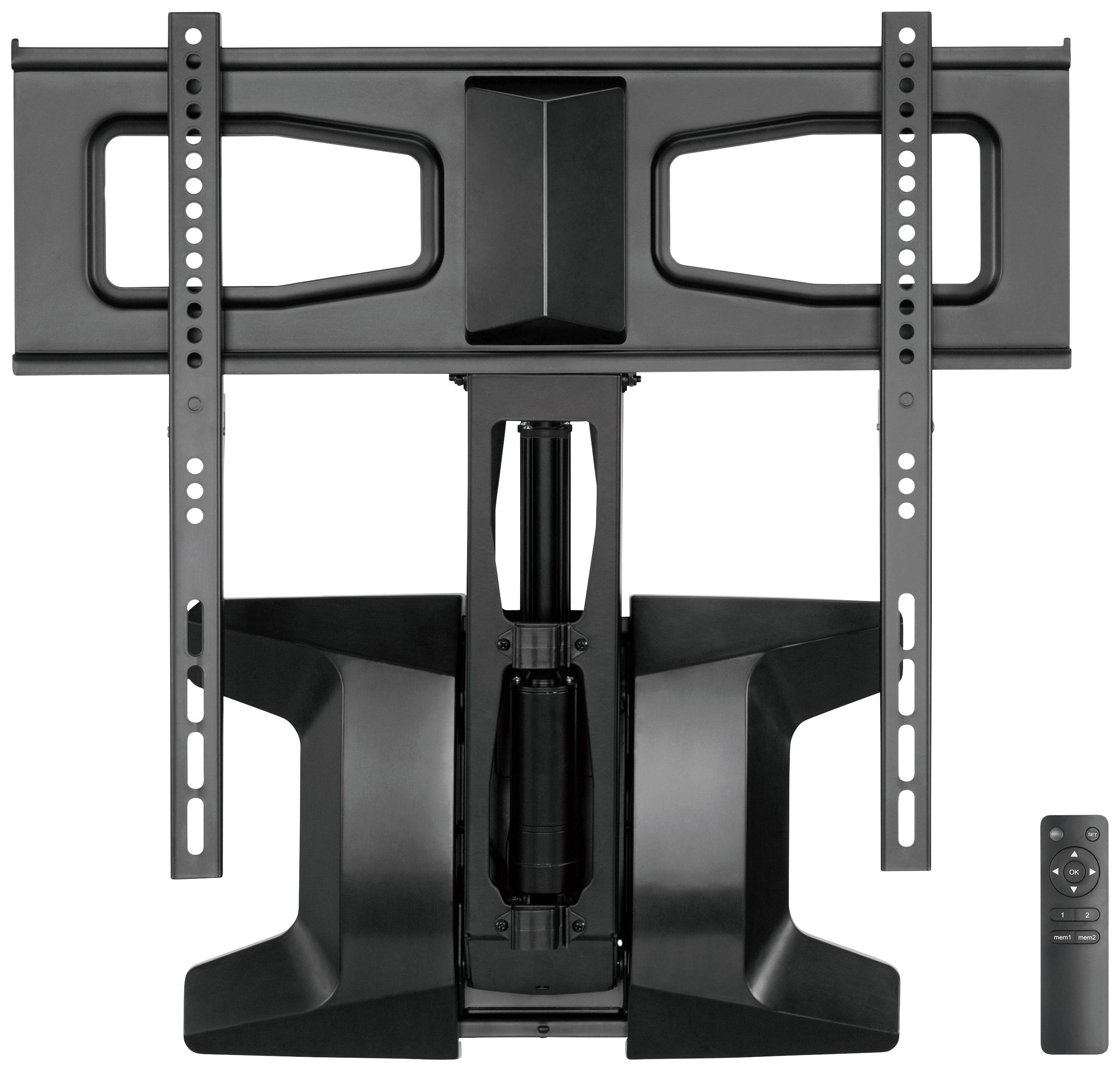 Automatische TV-Wandhalterung in schwarzem Design, mit Fernbedienung daneben.