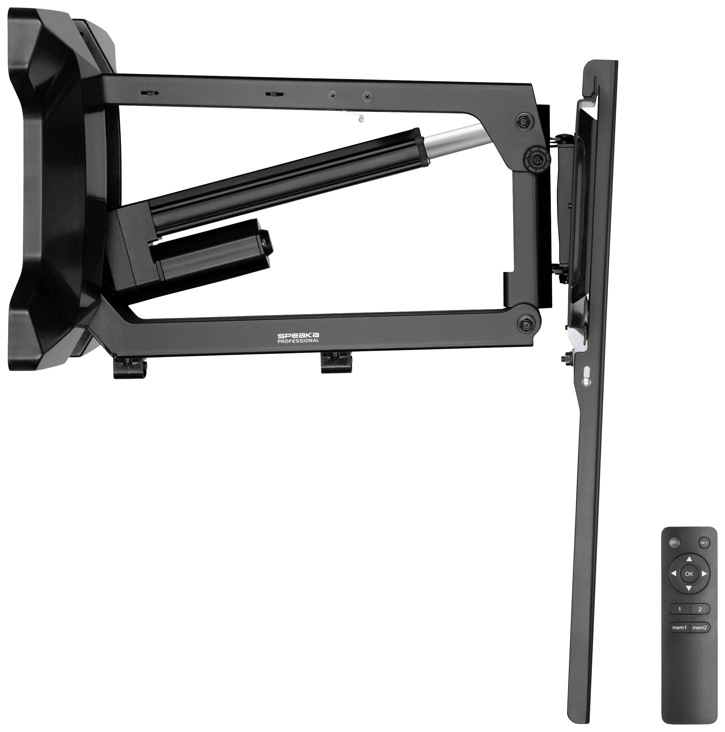 Ein beweglicher TV-Wandhalter mit Fernbedienung. Der Halter bietet eine robuste Halterung und kann den Fernseher in verschiedenen Winkeln neigen und schwenken.