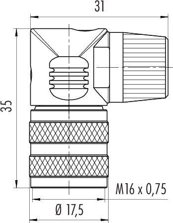 Technische Zeichnung eines Winkelfittings. Maße: Höhe 35 mm, Breite 31 mm, Außengewindedurchmesser 17,5 mm, Innengewinde M16 x 0,75.