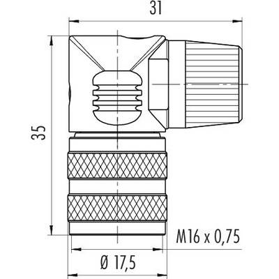 Technische Zeichnung eines Rohranschlussstücks mit Gewinden. Maße: Höhe 35 mm, Breite 31 mm, Durchmesser 17,5 mm. Gewindegröße M16 x 0,75.