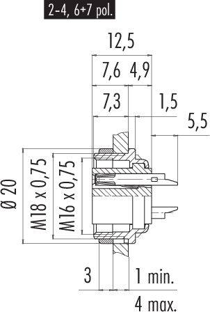 Technische Zeichnung eines Steckverbinders mit Maßen: Gesamtdurchmesser 20 mm, M18 x 0,75, M16 x 0,75, Länge 12,5 mm.