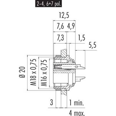 Technische Zeichnung eines Steckverbinders mit Maßen: Gesamtdurchmesser 20 mm, M18 x 0,75, M16 x 0,75, Länge 12,5 mm.