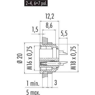 Technische Zeichnung eines Steckers mit Details zu Abmessungen: Höhe 12,2 mm, Breite 8,6 mm. Gewinde M16 x 0,75 und M18 x 0,75.