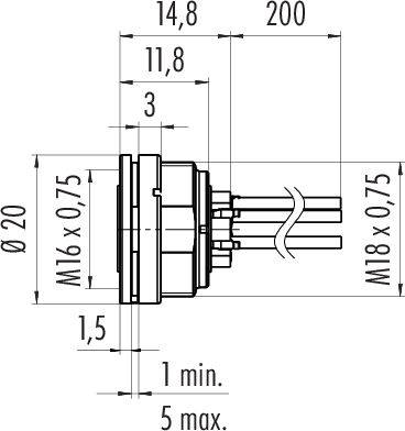 Querschnitt eines zylindrischen Steckverbinders mit Maßen: Durchmesser 20 mm, Kabellänge 200 mm, Gewinde M16 x 0,75 und M18 x 0,75.