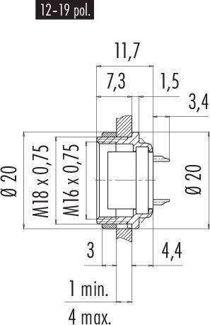 Technische Zeichnung eines zylindrischen Steckers, Maße in Millimetern angegeben, mit Gewindebezeichnungen M18 x 0,75 und M16 x 0,75.