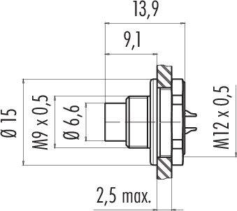 Technische Zeichnung eines zylindrischen Bauteils mit Maßen in Millimetern. Diameter, Gewindegrößen und Gesamtlänge angegeben.