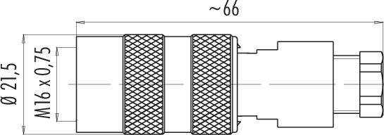 Technische Zeichnung eines Steckers mit M16 x 0,75 Gewinde, Durchmesser 21,5 mm, Länge ca. 66 mm. Seitenansicht mit Details.