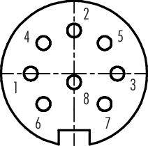 Diagramm eines 8-poligen Rundsteckers mit Nummerierung der Steckplätze von 1 bis 8. Die Zahlen sind gleichmäßig um den Kreis verteilt, mit einer Kerbe unten.