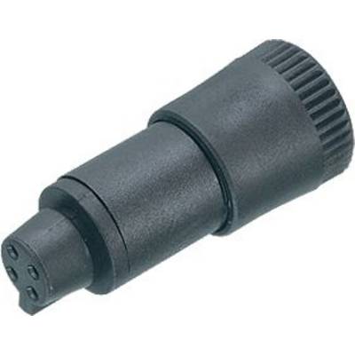Ein schwarzer, zylindrischer Kunststoffstecker mit vier gleichmäßig verteilten Stiften. Geeignet für technologische Verbindungen.