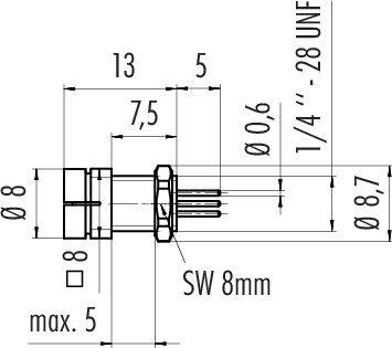 Technische Zeichnung eines elektrischen Steckers mit Abmessungen: Länge 13 mm, Breite 8 mm, Gewindedurchmesser 1/4''-28 UNF, Schlüsselweite 8 mm.
