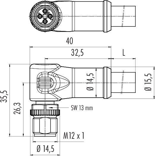 Technische Zeichnung eines Winkelsensors mit M12-Anschluss, Abmessungen und Gewindegröße angegeben. Hauptkomponenten und Maße sind markiert.