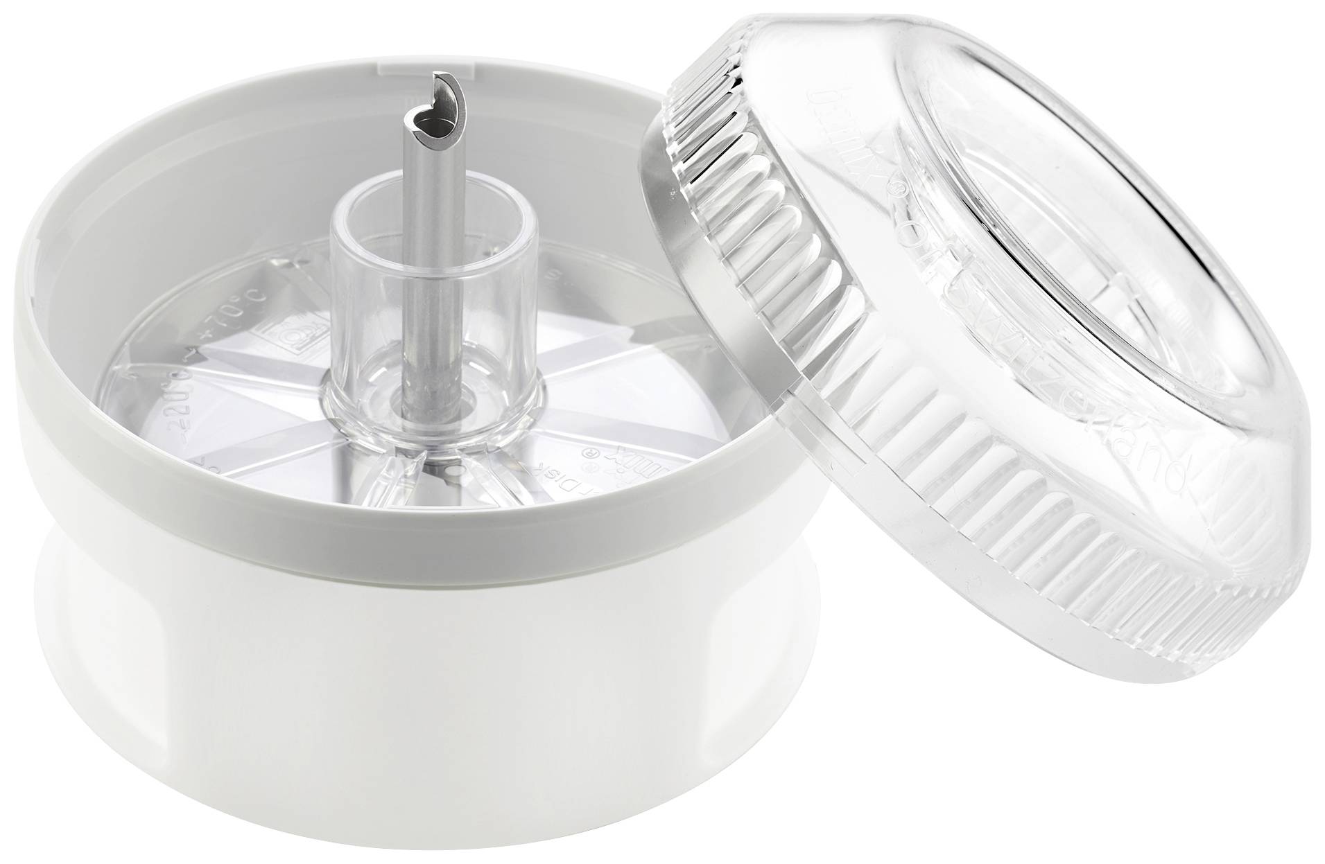 Ein weißer, runder Deckel mit transparenter Abdeckung zeigt einen scharfen Metallschneider in der Mitte. Ersatzteil für Küchengerät.